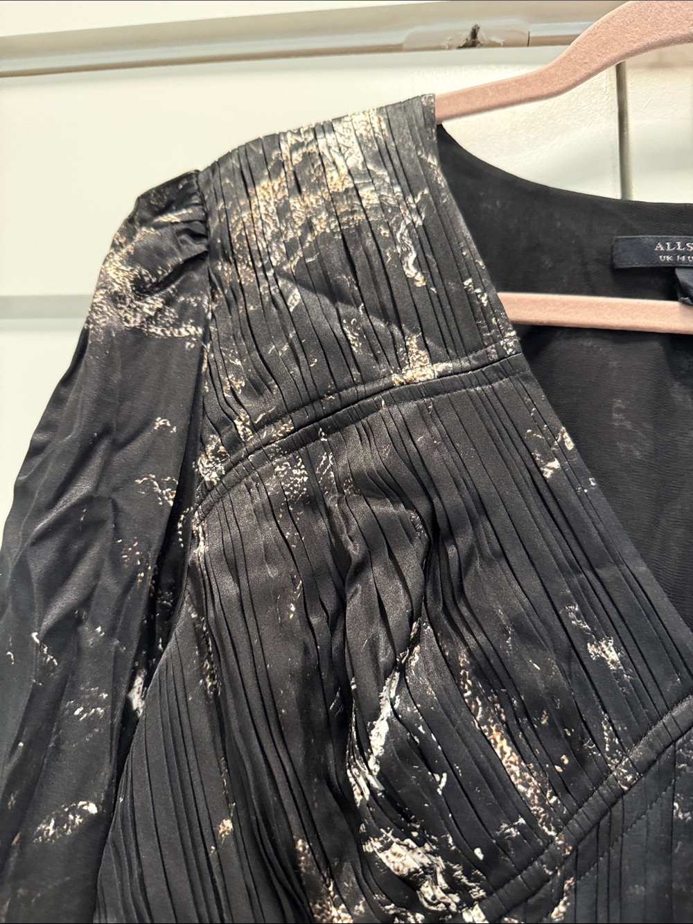 AllSaints Estelle Titania gothic black  Marble-Print V-Neck asymmetrical hem 10 - Picture 4 of 12
